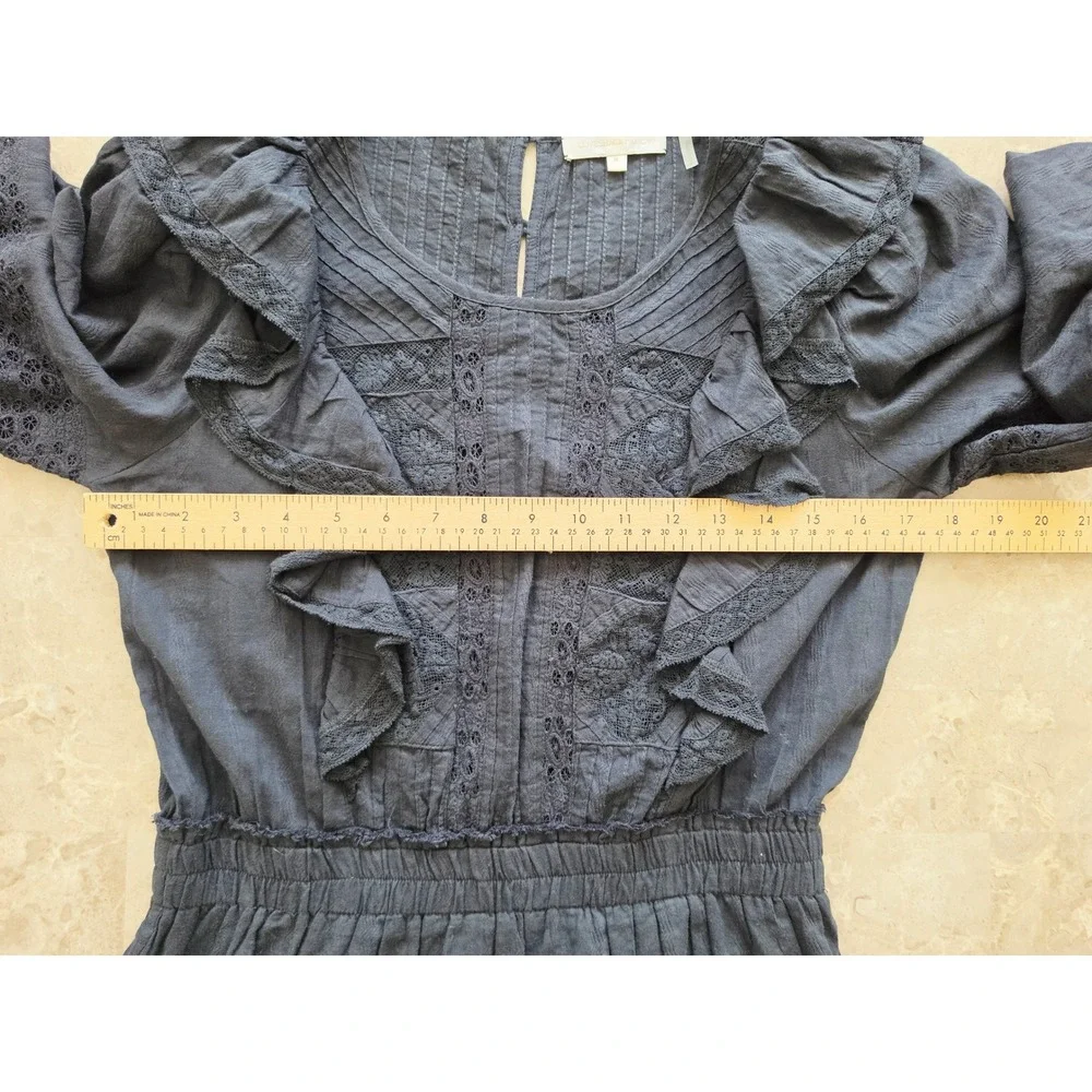 LoveShackFancy Black Lace Ruffle Mini Dress Long Sleeve Tiered Boho Womens Sz M - Picture 9 of 14
